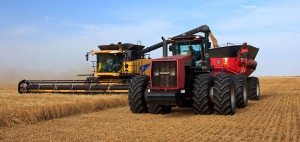 A combine unloads wheat into a grain harvest during wheat harvest.